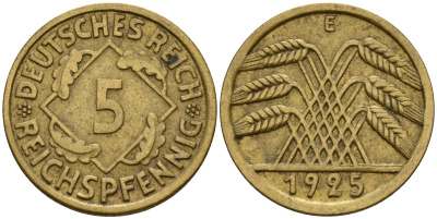 Германия 5 рейхспфеннигов 1925 E J.316, KM 39 алюминиевая бронза    4598-1162
