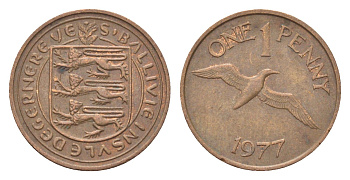 Гернси 1 пенни 1977 Елизавета II (1952-2022), северная олуша в полете KM 27 бронза 4702-751