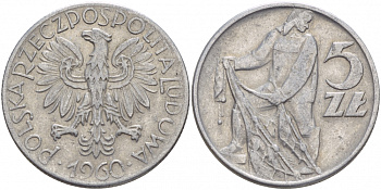 Польша 5 злотых 1960 рыбак KM 47 алюминий 4545-526