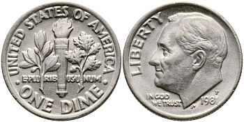 США 10 ЦЕНТОВ = 1 ДАЙМ 1981 P, РУЗВЕЛЬТ KM 195а медь плакированная медно-никелем 71-1512