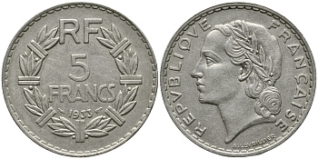 ФРАНЦИЯ 5 ФРАНКОВ 1933 ТИП LAVRILLIER KM 888, LE FRANC 336.2 никель 32-912