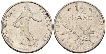 Франция 1/2 франка 1967 сеятель KM 931, Le Franc 198.6 никель 4567-132