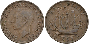 Великобритания 1/2 пенни 1949 Георг VI (1936-1952) KM 868, Spink 4118 бронза 4146-243