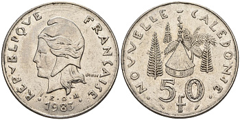 Французская Новая Каледония 50 франков 1983 хижина среди сосен и пальм, (IEOM) KM 13, Schoen 15, Lec 121 никель 4120-742