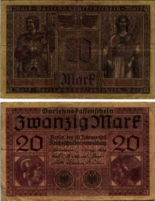 ГЕРМАНИЯ 20 МАРОК 1918 20 ФЕВРАЛЯ 1918, СЕРИЯ V, КРАСНАЯ, МИНЕРВА И МЕРКУРИЙ Pick 57, Rosenberg 55 бумага 7183-60-2-2