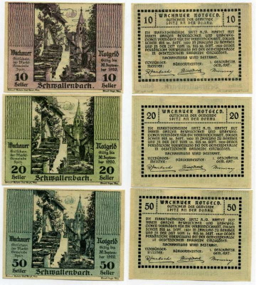 Австрия, Швалленбах набор из 3 банкнот 10, 20, 50 геллеров 1920 30 сентября 1920, нотгельд, земля Нижняя Австрия   бумага  UNC (пресс) 7555-27-4-2