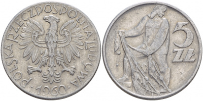 Польша 5 злотых 1960 рыбак KM 47 алюминий 4545-526