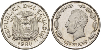 ЭКВАДОР 1 СУКРЕ 1980 АНТОНИО ХОСЕ де СУКРЕ KM 78b сталь плакированная никелем UNC 31-412