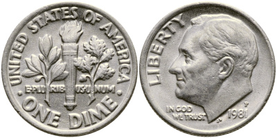 США 10 ЦЕНТОВ = 1 ДАЙМ 1981 P, РУЗВЕЛЬТ KM 195а медь плакированная медно-никелем 71-1512