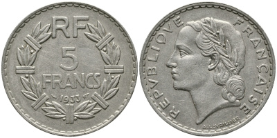 ФРАНЦИЯ 5 ФРАНКОВ 1933 ТИП LAVRILLIER KM 888, LE FRANC 336.2 никель 32-912
