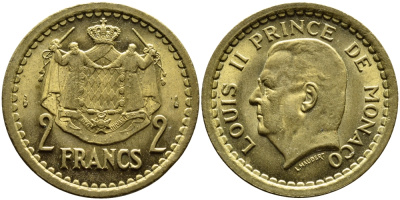 Монако 2 франка 1945 Луи II (1922-1949) KM 121а алюминиевая бронза 4389-1231