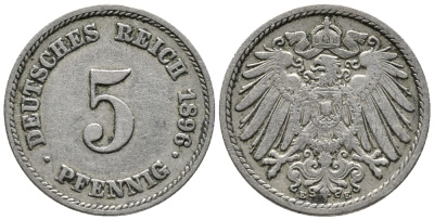 ГЕРМАНИЯ 5 ПФЕННИГОВ 1896 E KM 11, J. 12 медно-никель 39-721