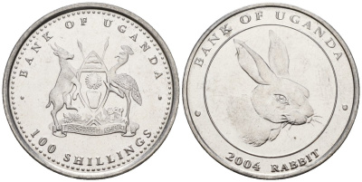 Уганда 100 шиллингов 2004 серия лунный календарь, год кролика KM 143 сталь UNC M58-02