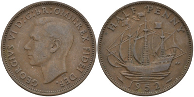 Великобритания 1/2 пенни 1949 Георг VI (1936-1952) KM 868, Spink 4118 бронза 4146-243