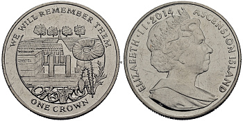 Остров Вознесения 1 крона 2014 в память героев первой мировой войны, кладбище KM NEW медно-никель UNC 58-733