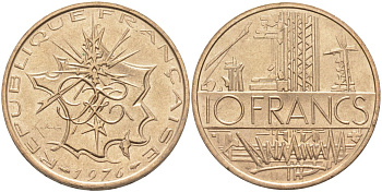 Франция 10 франков 1976 тип Матье KM 940, Le Franc 365.7-8 никель латунь 4394-331