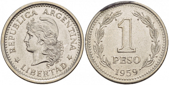 Аргентина 1 песо 1959 голова свободы влево KM 57 сталь плакированная никелем 4548-342