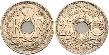 Франция 25 сантимов 1939 .1939., тип Lindauer Maillechort, штемпельный блеск KM 867b, Le Franc 172.4 никель бронза 4584-445