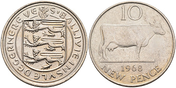 Гернси 10 пенсов 1968 Гернсийская корова KM 24 медно-никель 4583-321