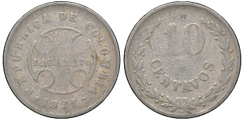 Колумбия 10 сентаво 1921 государственный лепрозорий KM L12 медно-никель 53-441