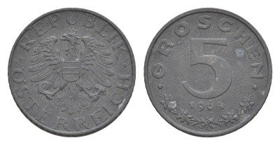 Австрия 5 грошей 1964 KM 2875 цинк 4567-454