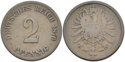 ГЕРМАНИЯ 2 ПФЕННИГА 1876 H, СТАРОГЕРБОВКА KM 2, Jager 2, Weege 3 медь 4546-614