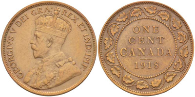 Канада 1 цент 1918 Георг V (1910-1936), большой формат KM 21 бронза 4448-854