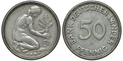 ФРГ 50 пфеннигов 1949 F KM 104, J. 379 медно-никель 72-1012