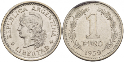 Аргентина 1 песо 1959 голова свободы влево KM 57 сталь плакированная никелем 4548-342