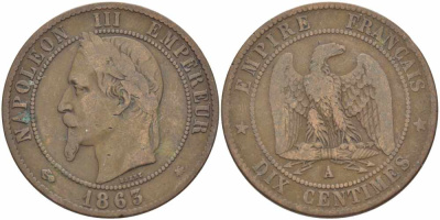 Франция 10 сантимов 1863 A, Наполеон III (1852-1870) KM 798.1, Le Franc 134.8 бронза 4389-512