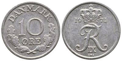 ДАНИЯ 10 ЭРЕ 1971 C; S, ФРЕДЕРИК IX (1947-1972) KM 849.1 медно-никель 26-929