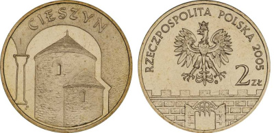Польша 2 злотых 2005 MW, серия польские города, Цешин (Cieszyn) KM 753, Parchimowicz 962 латунь UNC 603-1012