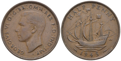 Великобритания 1/2 пенни 1945 Георг VI (1936-1952) KM 844, Spink 4115 бронза 4610-656