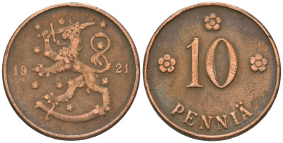 Финляндия 10 пенни 1921 KM 24 медь 4591-945