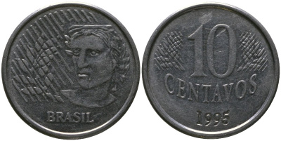 Бразилия 10 сентаво 1995 KM 633, Schon 142 нержавеющая сталь 4519-811