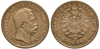 Гессен 10 марок 1876 H J. 216 золото 00-809-75