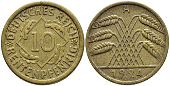 ГЕРМАНИЯ 10 РЕНТЕНПФЕННИГОВ 1924 A KM 33, J. 309, Weege 8 алюминиевая бронза 4397-627
