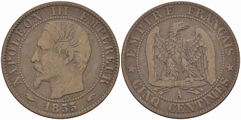 Франция 5 сантимов 1855 A, Наполеон III (1852-1870) KM 777.1, LE FRANC 116.16 бронза 108-344