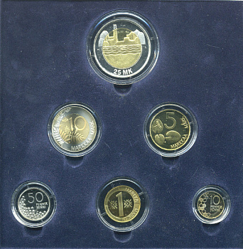 Финляндия набор из 6 монет 1997 официальный набор, с сертификатом, включая 25 марок PROOF 5-6-2-8