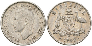 Австралия 6 пенсов 1943 D, Георг V (1936-1952) KM 38 серебро 4623-231