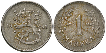 Финляндия 1 марка 1947 S, редкий год, тираж 1.750.000 KM 30b железо 4173-941