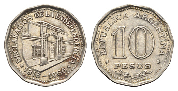 Аргентина 10 песо 1966 150 лет Декларации о Независимости KM 62 сталь плакированная никелем 4663-657
