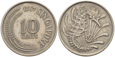 Сингапур 10 центов 1967 морской конек KM 3 медно-никель 66-351