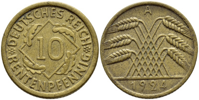 ГЕРМАНИЯ 10 РЕНТЕНПФЕННИГОВ 1924 A KM 33, J. 309, Weege 8 алюминиевая бронза 4397-627