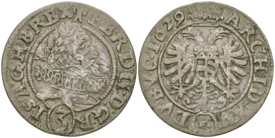 АВСТРИЯ 3 КРЕЙЦЕРА 1629 ФЕРДИНАНД II (1619-1637), МОНДВОР БРЕСЛАУ KM 581 серебро 99-953