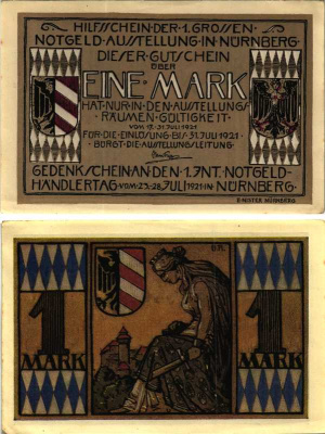 НЮРНБЕРГ 1 МАРКА 1921 НОТГЕЛЬД, 17 - 31 ИЮЛЯ 1921, ЗЕМЛЯ БАВАРИЯ Grabowski 991.1 бумага 7116-31-2-1