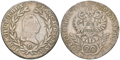 Австрия 20 крейцеров 1795 G, Франц II (1792-1835) KM 2139 серебро 202-932