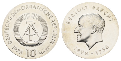 ГДР 10 марок 1973 A, 75 лет со дня рождения Бертольта Брехта KM 45 серебро  UNC  1099-2-31