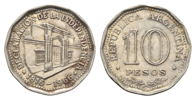 Аргентина 10 песо 1966 150 лет Декларации о Независимости KM 62 сталь плакированная никелем 4663-657