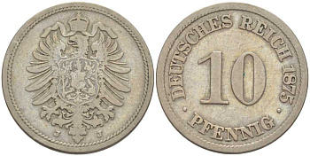 ГЕРМАНИЯ 10 ПФЕННИГОВ 1875 J, СТАРОГЕРБОВКА KM 4, J. 4, Weege 7 медно-никель 212-835